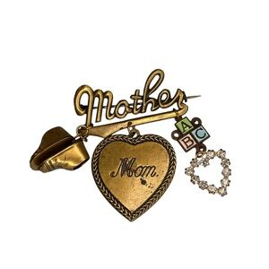 Vintage Retro 40s Mother Mom Brass Brooch Pin with Charms WW2